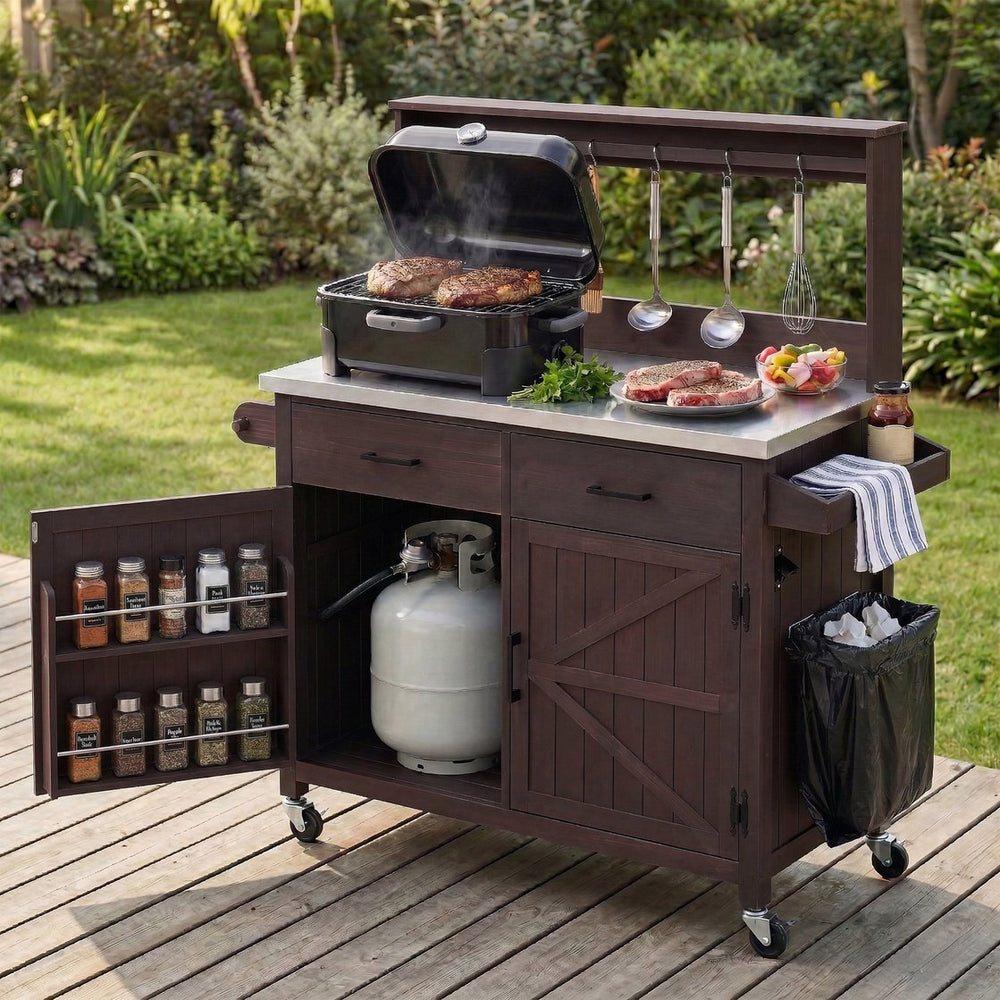 English Elm K&k Solid Fir Grill Cart Stainless Steel Top Outdoor Kitchen Station with Locking Wheels Brown N707P409087Z