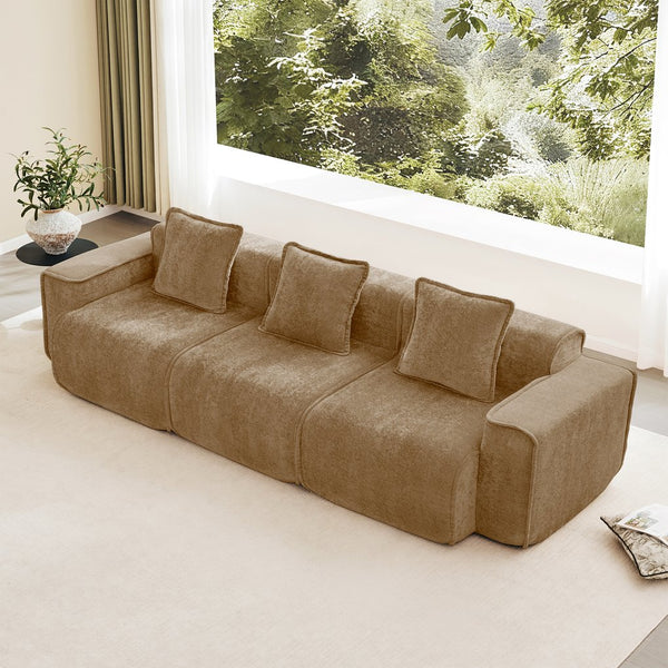 English Elm Streamlined Modular Cloud Sofa Three Seat Velvet Cushions with French Piping for Living Rooms Brown W3041S00372