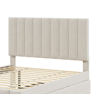 English Elm Full Upholstered Platform Bed with Twin Trundle and 3 Drawers, Linen Comfort, Sturdy Wood Frame Beige SF000249AAA