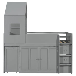 English Elm Twin House Loft Bed with Pull Out Rolling Desk Stair Drawers and Cabinet Storage Gray N820S00072E