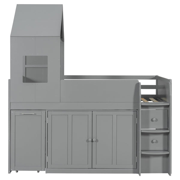 English Elm Twin House Loft Bed with Pull Out Rolling Desk Stair Drawers and Cabinet Storage Gray N820S00072E