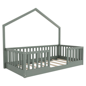 English Elm Twin Montessori Floor Bed House Frame with Led Lighting and Safety Rails for Kids Grey W2593P440597