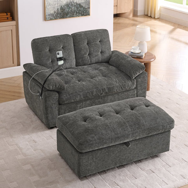 English Elm Leisure Chenille Two Seat Reclining Sofa with Usb Port Storage Ottoman Padded Armrests Gray W487S00522