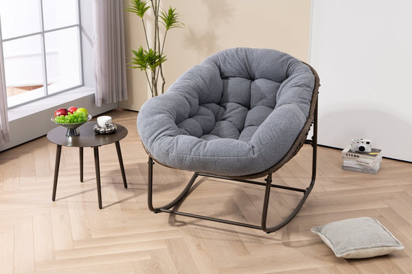 English Elm Outdoor Woven Rattan Egg Rocking Chair with Padded Cushion for Patio Porch Resort Lounge Dark Grey W640P499473