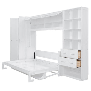 English Elm Queen Murphy Wall Bed Cabinet System with Wardrobe Drawers and Shelving in White Mdf LP000384AAK-1