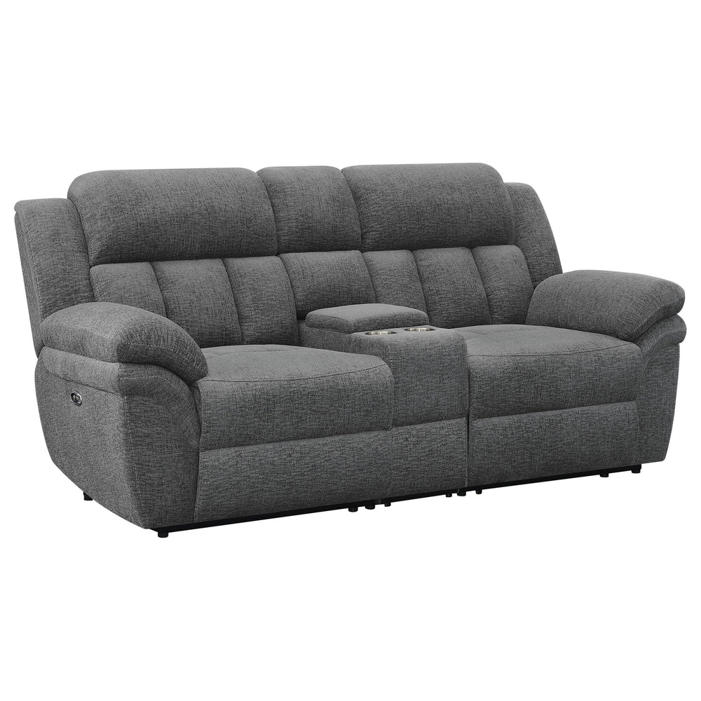 English Elm Divine Chenille Reclining Loveseat with Tufted Pillowtop Arms and Built-in Console B062S01415