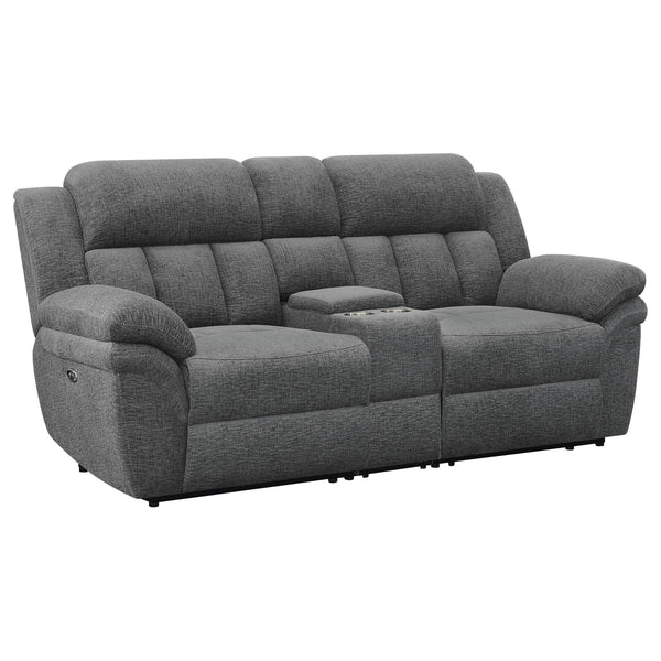 English Elm Divine Chenille Reclining Loveseat with Tufted Pillowtop Arms and Built-in Console B062S01415