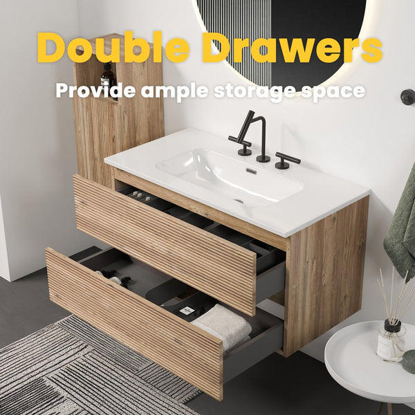 English Elm Galan Freestanding Bathroom Vanity Quartz Basin Fluted Wood Cabinet Modern Bath W1865S00197