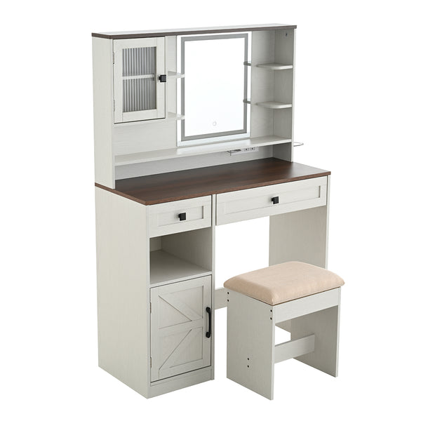 English Elm Farmhouse Makeup Vanity Desk with Lighted Mirror, Built-In Charging Station, Ample Storage and Stool White N844P291652M