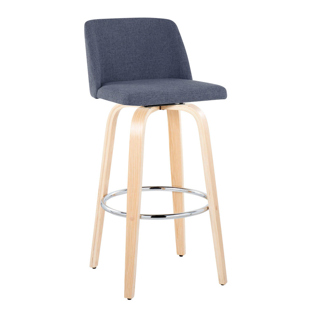English Elm 30" Swivel Barstools Set of 2 Bentwood Legs Blue Upholstered Seat Chrome Footrest B202S00668