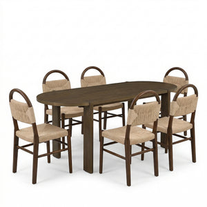 English Elm 7 Piece Oval Rubberwood Dining Set Woven Paper Cord Chairs Farmhouse Kitchen N762S100004AAD