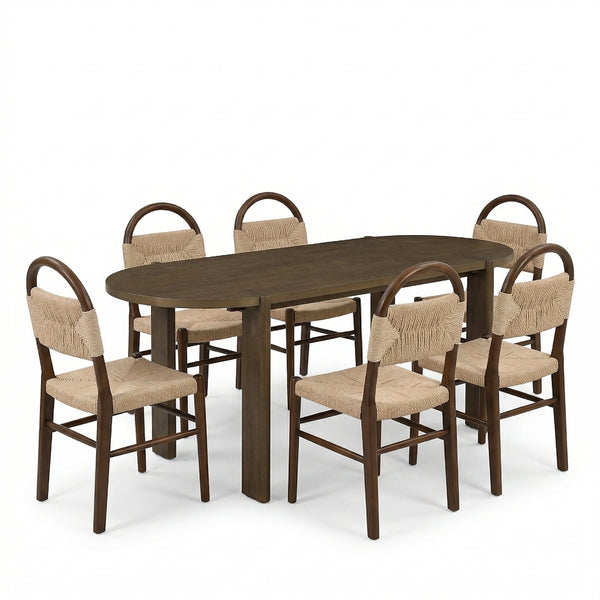 English Elm 7 Piece Oval Rubberwood Dining Set Woven Paper Cord Chairs Farmhouse Kitchen N762S100004AAD