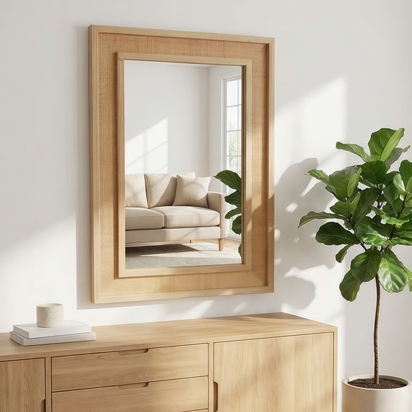 English Elm Natural Rattan Wrapped Solid Wood Rectangular Mirror Handcrafted Farmhouse Bathroom Entryway Natural Wood W2203P436617