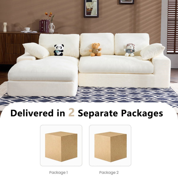 English Elm White corduroy compressed sofa with 3 back cushions & 2 throw pillows—soft, lightweight, durable comfort W3612S00015