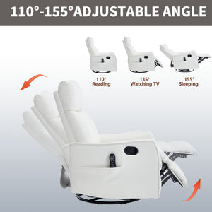 English Elm Beige Fabric Swivel Rocker Recliner with Massage Nodes and Lumbar Heat for Living Room White W1803P363432