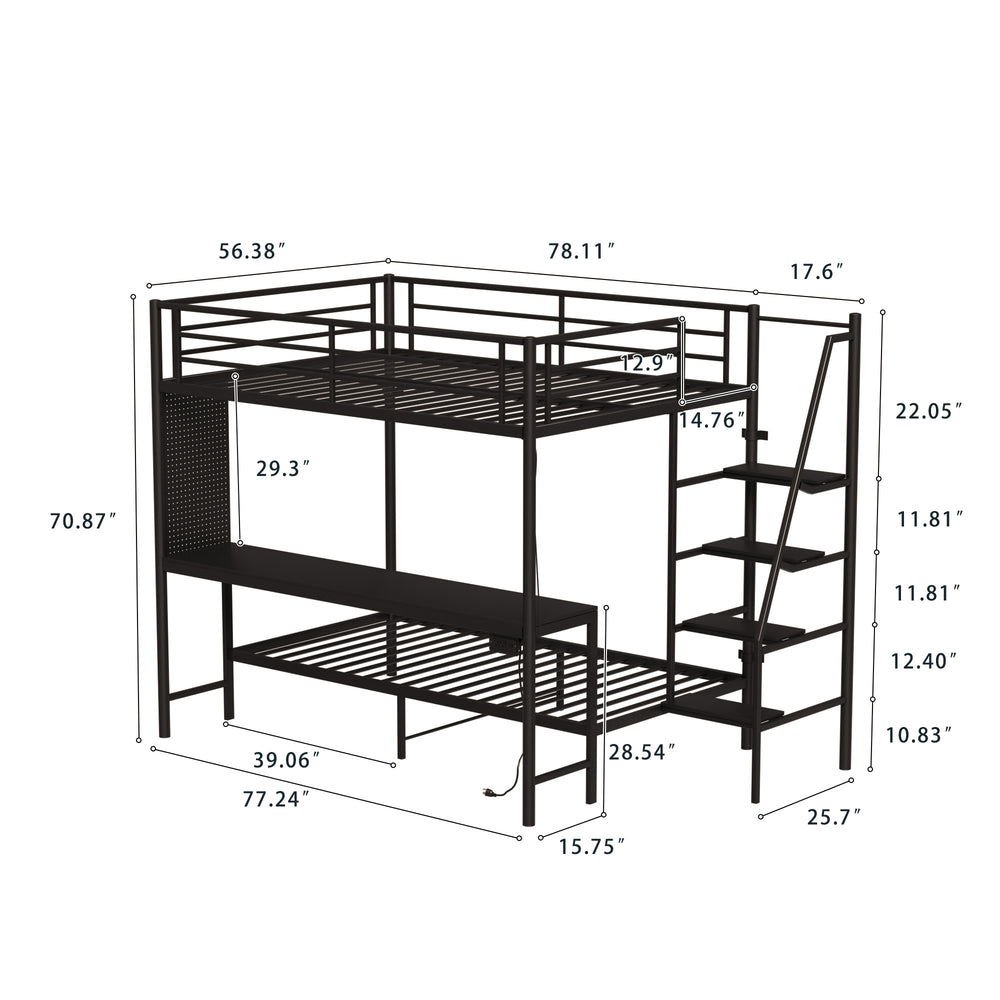 English Elm Black Metal Loft Bed with Built-in Desk Rgb Led Lighting and Charging Station Black W1671S00009