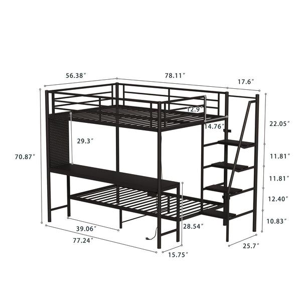 English Elm Black Metal Loft Bed with Built-in Desk Rgb Led Lighting and Charging Station Black W1671S00009