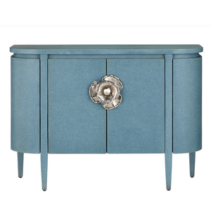 Briallen Blue Demi-Lune Cabinet - Elegant Lacquered Storage with Polished Nickel Floral Details
