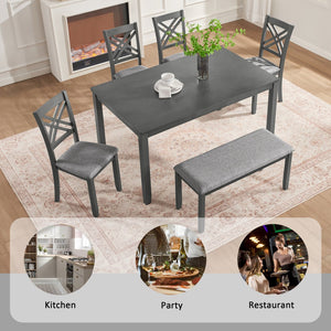 English Elm 6 Piece Rubberwood Dining Set with Bench and Linen Chairs for Transitional Kitchen W1998S00105