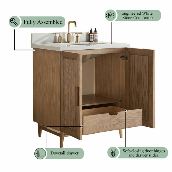 English Elm Fully Assembled 30" Light Coffee Bathroom Vanity With Solid Wood, Engineered Top & Soft-Close Drawers W1826P343423