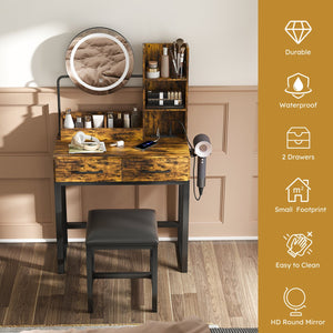 English Elm Makeup Vanity Table with LED Lights, Built-In Outlet & USB, Large Drawers, Hair Dryer Stand Brown W509P297015