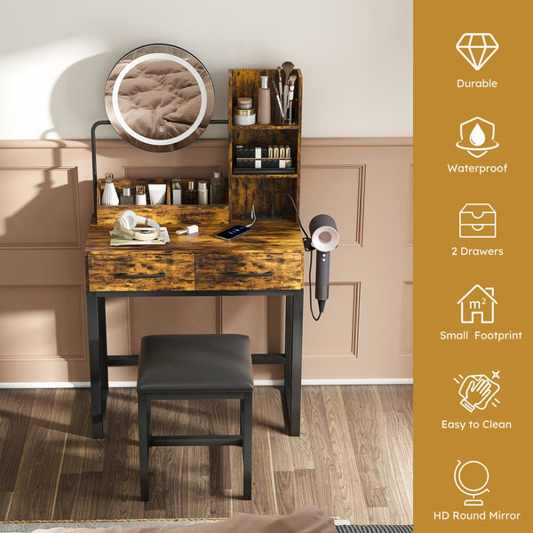 English Elm Makeup Vanity Table with LED Lights, Built-In Outlet & USB, Large Drawers, Hair Dryer Stand Brown W509P297015