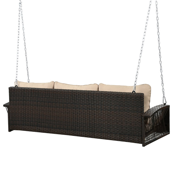 English Elm GO 69" PE Wicker 3-Person Porch Swing with 800lb Capacity, Cushioned Patio Bench for Backyard Relaxation Brown N704P250643D