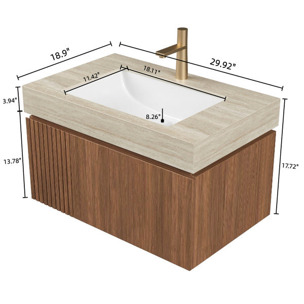 English Elm MURI Luxury Wall-Mounted 30" Bathroom Vanity with Sintered Stone Countertop and Ceramic Basin, Plywood Cabinet Beige,Brown Oak W2615S00333