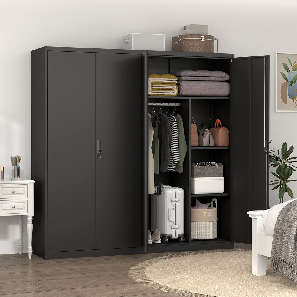 English Elm Black Steel Lockable Wardrobe with Hanging Rod Adjustable Shelves for Organized Storage Black W1247P372607