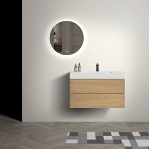 English Elm U042-Alice36-106 Modern 36" Wall-Mounted Oak Vanity with Integrated Matte Black Basin, Soft-Close Drawers W1865S00042