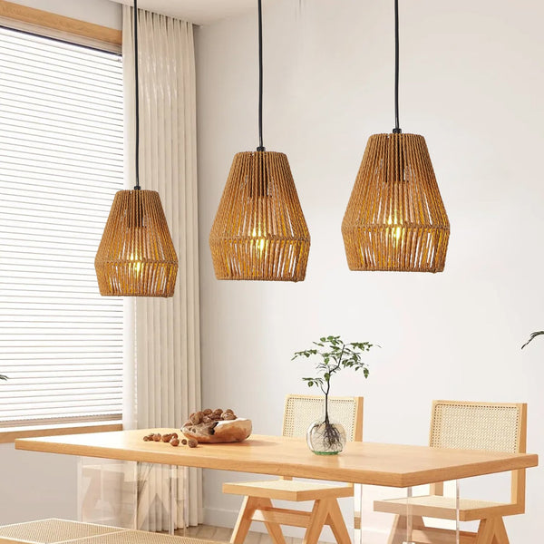 English Elm 7" Rustic Hemp Rope Pendant Light Set of 3 - Handcrafted Farmhouse Ceiling Lamps, Adjustable Height, Natural Woven Iron Fixture for Kitchen Island, Dining Room, Living Room W2312P368682