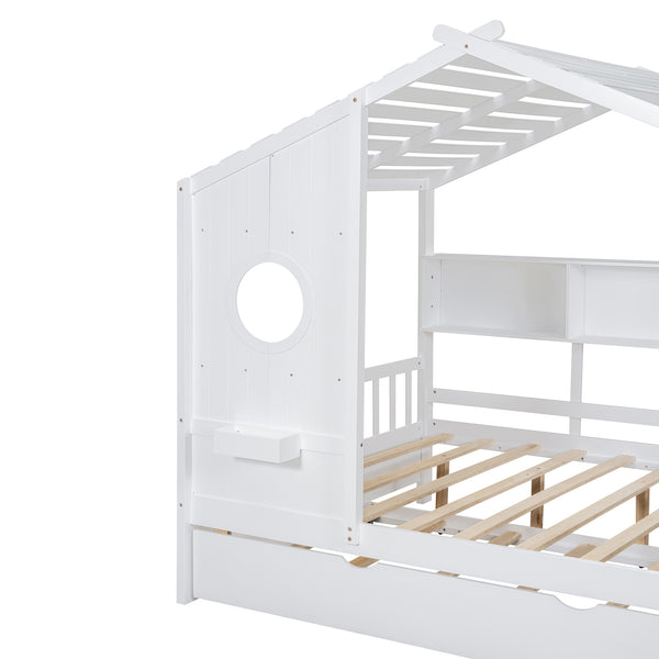 English Elm Wooden Full Size House Bed with Trundle and Built-In Shelves — Modern Pine Frame, Whimsical Roof Design White 57.2 L x 16.25 W x 5.9 H N733S316125K