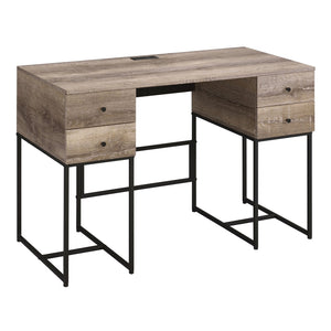 English Elm Rustic Oak 4-Drawer Writing Desk with USB Port — Spacious Storage, Metal Sled Base, Modern Rustic Appeal B062P184568