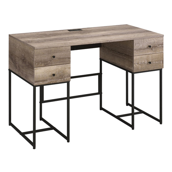 English Elm Rustic Oak 4-Drawer Writing Desk with USB Port — Spacious Storage, Metal Sled Base, Modern Rustic Appeal B062P184568