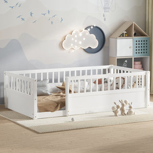 English Elm Twin Montessori Floor Bed Frame for Kids – Pine Playroom Bed with Fence for Reading & Imaginative Play White W1580P307878