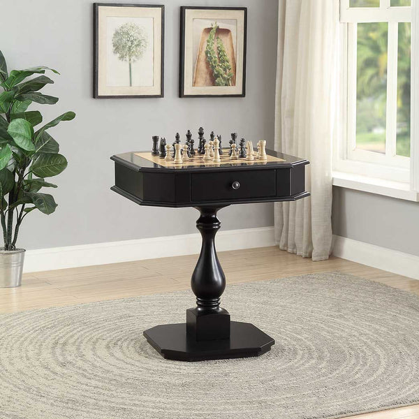 English Elm Black Matte Pedestal Game Table with Chessboard Top and Two Storage Drawers B062P189142