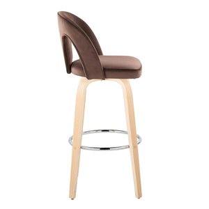 English Elm Fixed-height Swivel Barstools Velvet Seat Bentwood Legs Chrome Footrest Set of 2 B202S02154
