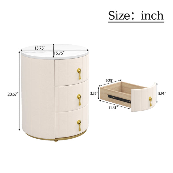 English Elm 2 Upholstered Nightstand Set with 3 Drawers, Round Velvet Bedside Table, Marble Top & Metal Handles Beige 24 L x 19.5 W x 18.89 H N733S272609A