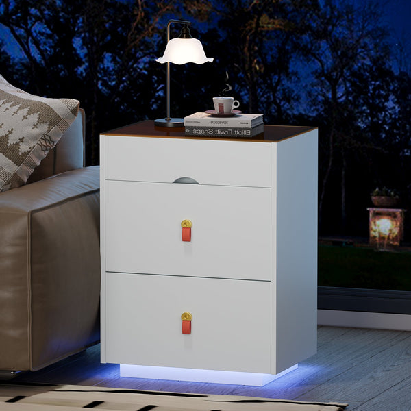 English Elm 3-Drawer 30" Nightstand with LED Light & Remote, Glass Top Jewelry Organizer, 3 Spacious Drawers White N733P304515K