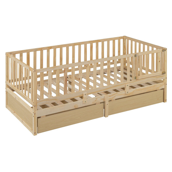 English Elm Twin Pinewood Daybed with Fence Guardrails Two Storage Drawers and Split Floor Bed Natural LP200881AAN