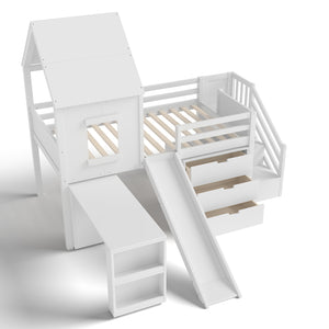 English Elm Full Size Metal Loft Bed with Stair Storage Shelves Bookshelf for Dorms Bedroom W1580S00395