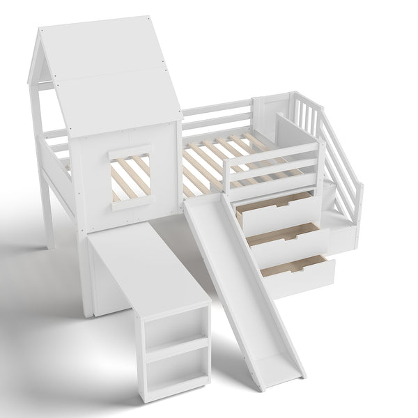 English Elm Full Size Metal Loft Bed with Stair Storage Shelves Bookshelf for Dorms Bedroom W1580S00395