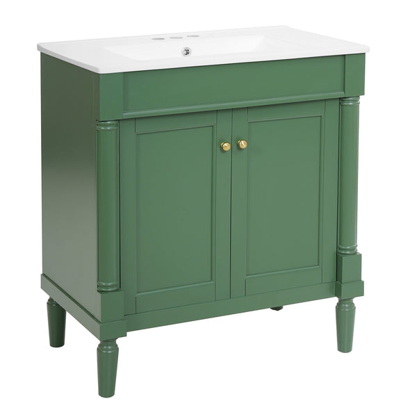 English Elm 30" French Style Bathroom Vanity with Ceramic Basin Soft Close Doors Wood Legs Green N710P415327F