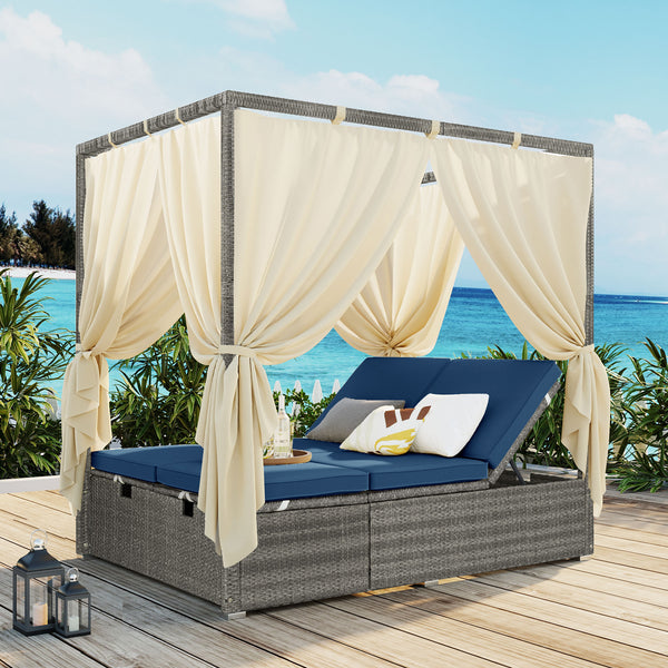 English Elm U_style Outdoor Rattan Steel Chaise Lounge with Shade Canopy and Reclining Cushioned Sunbed Dark Blue WY000471AAC