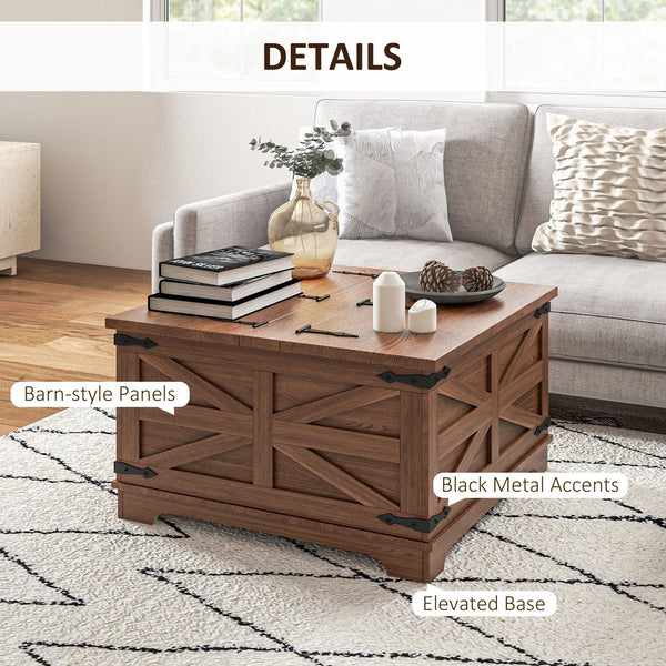 English Elm HOMCOM Farmhouse Coffee Table with Flip Lift Top and Hidden Storage, Square Center Table, Rustic Charm Brown W2225P217458