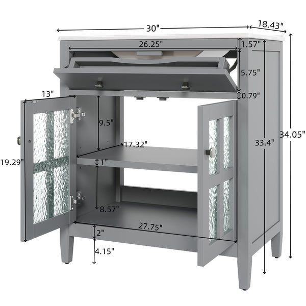 English Elm Christopher Knight Home® - 30" Bathroom Vanity with Ceramic Sink, Solid Wood Legs, Adjustable Shelf, Tip-Out Tray, Soft-Close Hinges, Silver Knobs, Moisture-Resistant Finish Gray N817P286250G