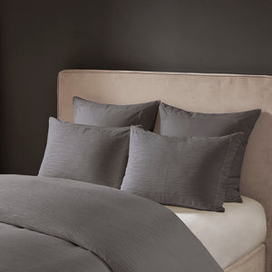 JLA Home N Natori - Cotton Yarn-Dyed 3-Piece Duvet Cover Set with Textured Cottage Appeal, Button Closure & Ties Grey NS12-3251