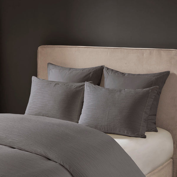 JLA Home N Natori - Cotton Yarn-Dyed 3-Piece Duvet Cover Set with Textured Cottage Appeal, Button Closure & Ties Grey NS12-3251