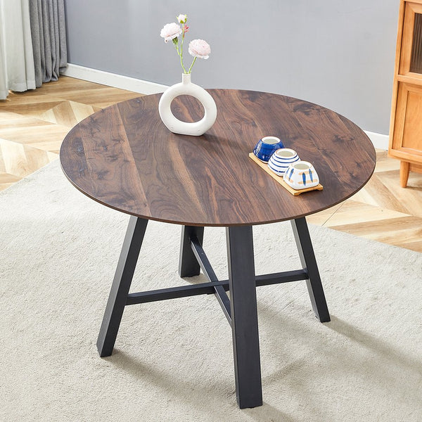 English Elm Modern 42" Round Dining & Coffee Table with Dark Wood MDF Top, Black Cross Metal Legs, Sturdy 29.5" W1151P230575