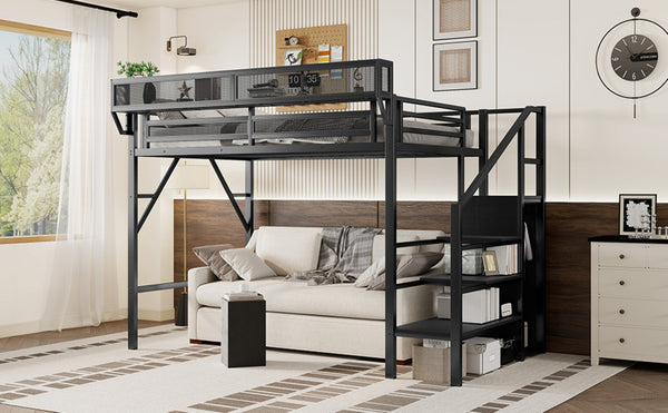 English Elm Twin Xl Loft Bed With Stairs & Storage Shelves, Metal High Bed For Teens & Small Spaces, Black W2580S00049-GIGA